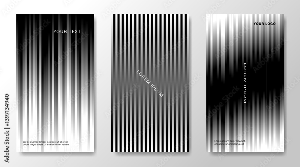 Three abstract posters with stripes made in black and white gradients. Three abstract posters with stripes made in black and white gradients.