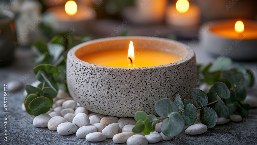 Obraz premium The spa features a calming atmosphere complete with a lit candle, smooth stones, and an eucalyptus branch