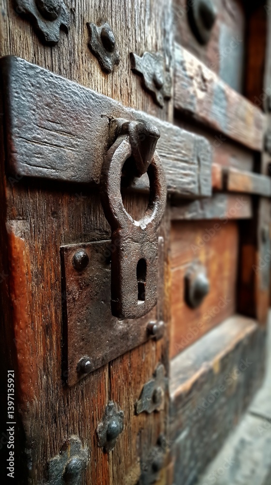 Rustic wooden door with iron hardware and ring lock, closeup shot Rustic wooden door with iron hardware and ring lock, closeup shot