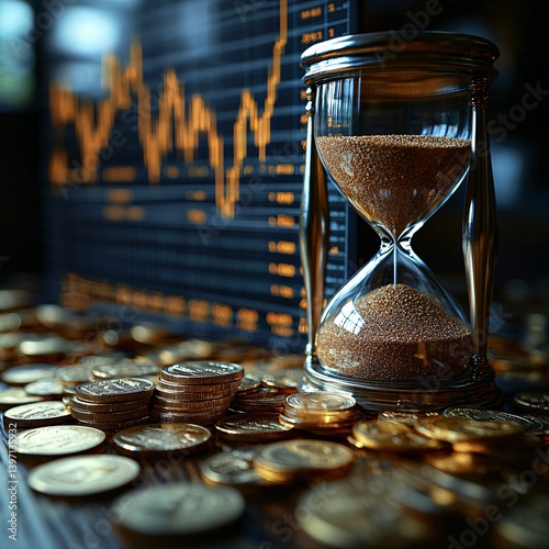 Ornate Hourglass with Silver Accents and Gold Coins on Table