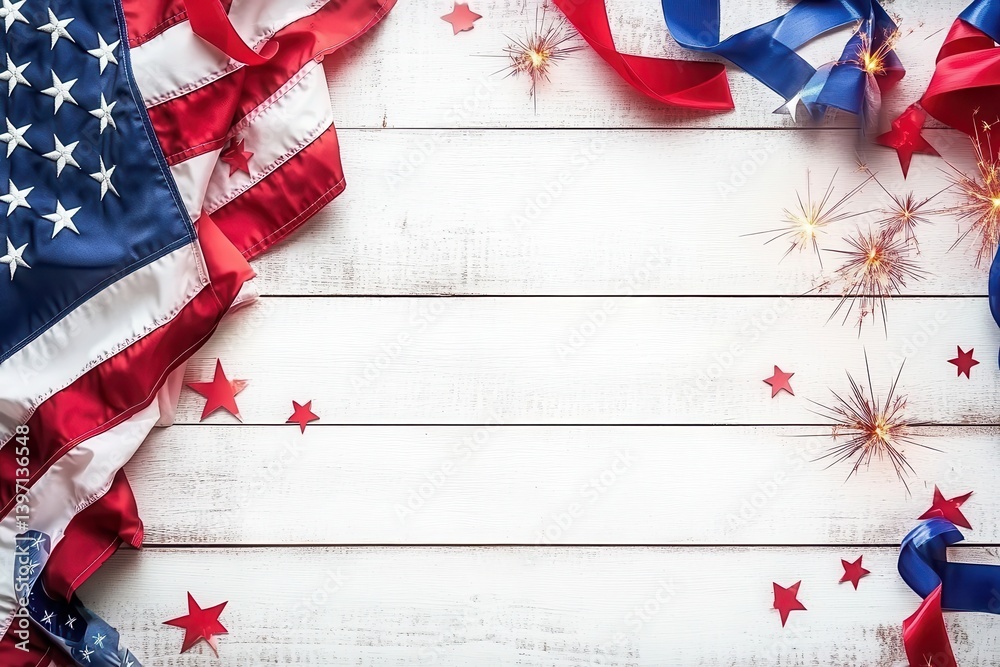 Fototapeta premium American flag with sparklers and ribbons on white wooden background
