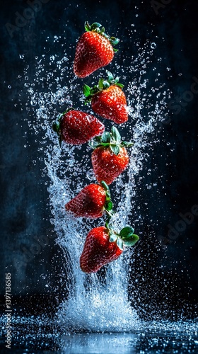 Fresh Strawberries Drenched in Mid-Air Splash Against Black Background
