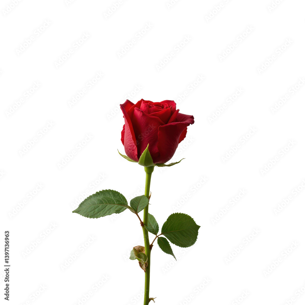 A single vibrant red rose with green leaves on a transparent background. A single vibrant red rose with green leaves on a transparent background.