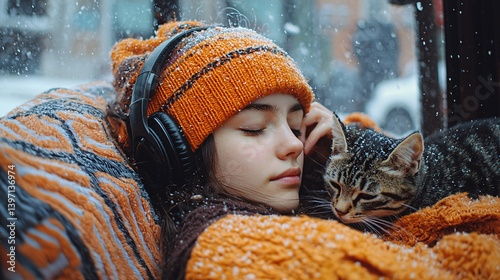 Joyful Girl Sprawled on Chic Sofa in Contemporary Snowy Setting