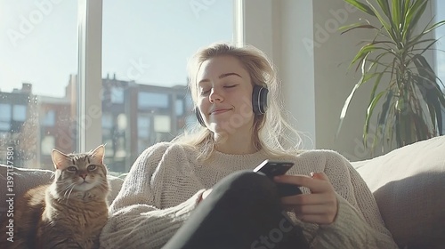 Relaxing Girl Enjoys Modern Apartment with Cat and Headphones
