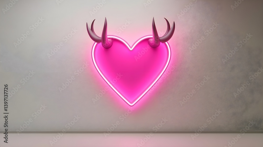 Neon Pink Heart with Devil Horns on White Wall Background Neon Pink Heart with Devil Horns on White Wall Background
