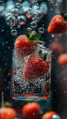 Fresh Strawberries Floating in Bubbles with Glistening Effects