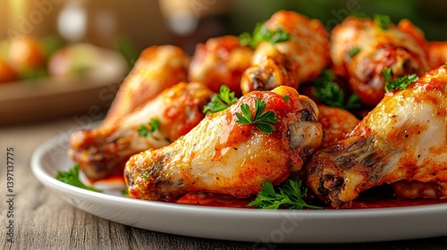 Close-Up of Homemade Spicy Buffalo Chicken Wings with Herbs