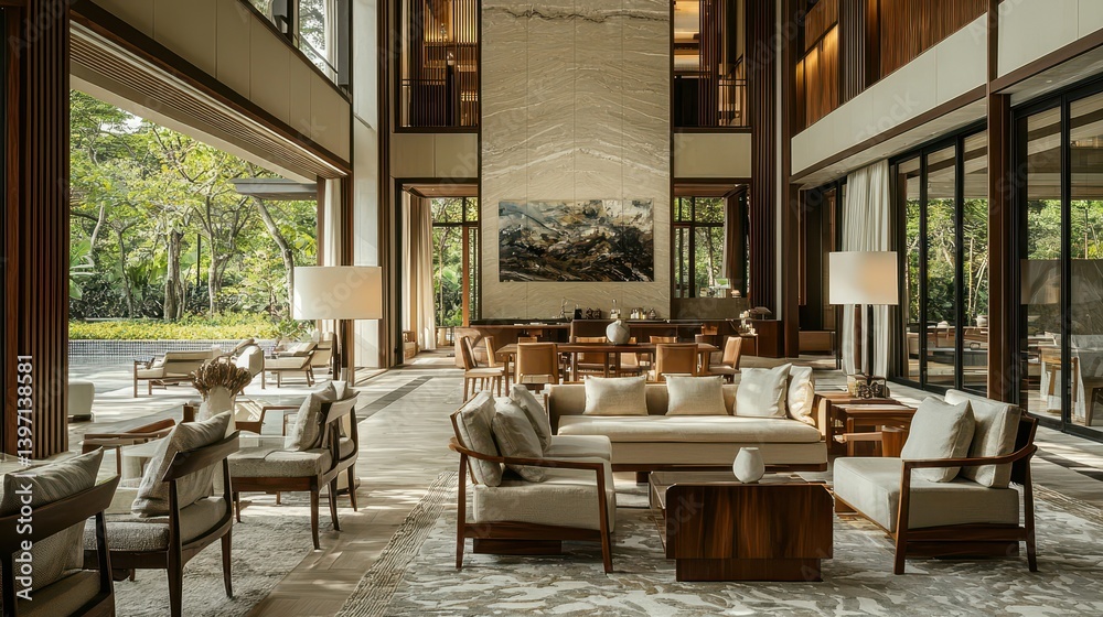 Fototapeta premium A spacious, light-filled living area with contemporary asian design.