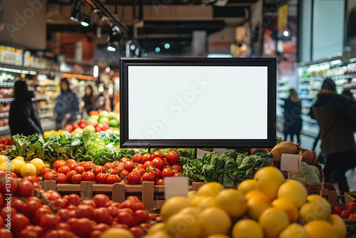 Blank sign is displayed in a grocery store near fresh fruits and vegetables.AI