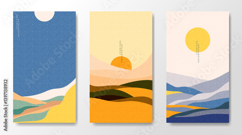 Three colorful landscapes in Asian style. For covers, decor, flyers, etc.