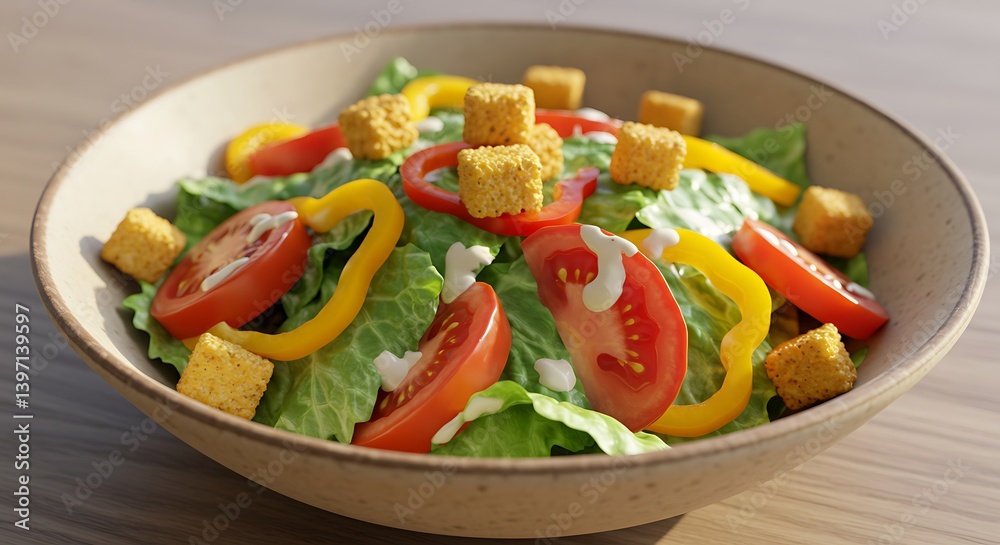 Eating Salad with Croutons and Tomato in Bowl on Table Eating Salad with Croutons and Tomato in Bowl on Table