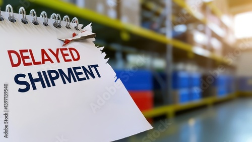 Delayed shipment message on torn notepad in warehouse aisle representing supply chain problems and logistic issues