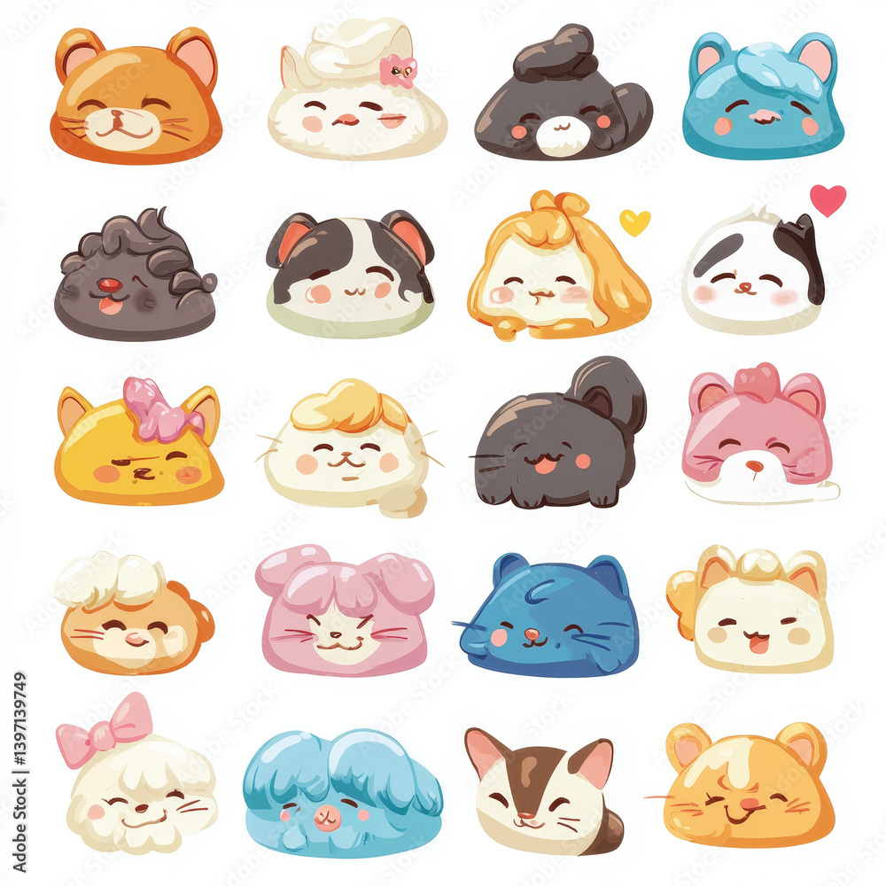 Fototapeta premium Adorable collection of twenty cute animal mochi characters