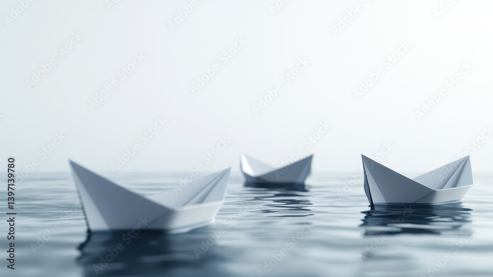 Three paper boats floating on calm water with soft lighting representing simplicity imagination and childhood memories Three paper boats floating on calm water with soft lighting representing simplicity imagination and childhood memories