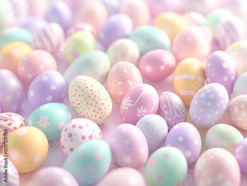 Pastel colorful Easter flat lay of painted, decorated eggs. Generative ai