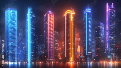Neon City Skyscrapers lit up with vibrant colors reflect on the dark water at night