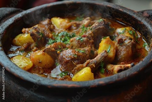 Aromatic duck and potato curry simmered in a clay pot.
