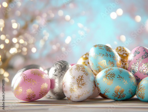 Pastel colorful Easter flat lay of painted, decorated eggs. Generative ai
