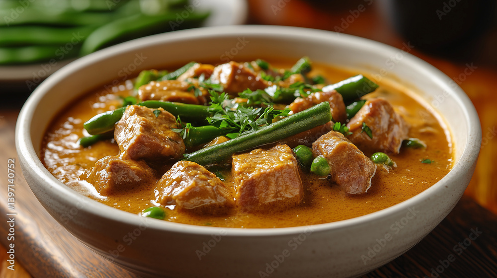 Beef Stew with Green Beans in a Bowl, Garnished with Parsley, on Wooden Table Beef Stew with Green Beans in a Bowl, Garnished with Parsley, on Wooden Table