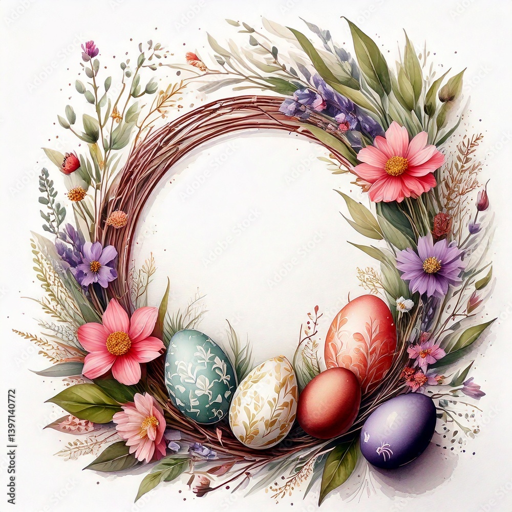 Round frame with space for text surrounded by Easter eggs and flowers. Easter illustration, watercolor