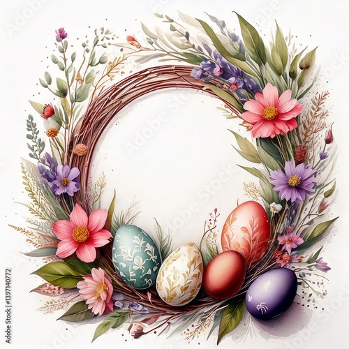 Obraz na płótnie Round frame with space for text surrounded by Easter eggs and flowers. Easter illustration, watercolor w salonie