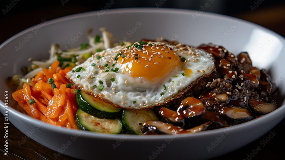 Bibimbap in White Bowl with Fried Egg Topped with Sesame Seeds and Greens Bibimbap in White Bowl with Fried Egg Topped with Sesame Seeds and Greens