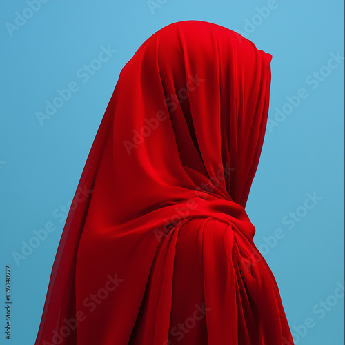 Romantic vintage portrait of a woman, autumn minimal concept, muted color background, delicate red silk fabric fluttering in the wind on her face.