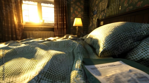 Cozy Queensize Bed in Spacious Room with Warm Morning Light photo
