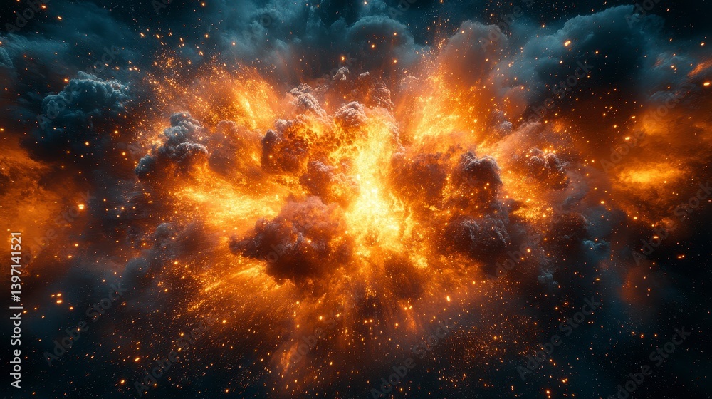 Explosive Clouds Fiery orange burst amidst dark, stormy clouds. Glowing sparks scatter around Explosive Clouds Fiery orange burst amidst dark, stormy clouds. Glowing sparks scatter around