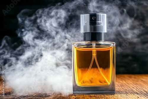 A glass perfume bottle with amber liquid, enveloped in swirling smoke.