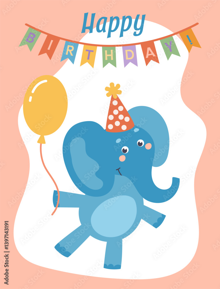 Obraz premium Cute happy birthday card with animals. Concept of celebration and fun. Hand-drawn vector illustration in flat style.