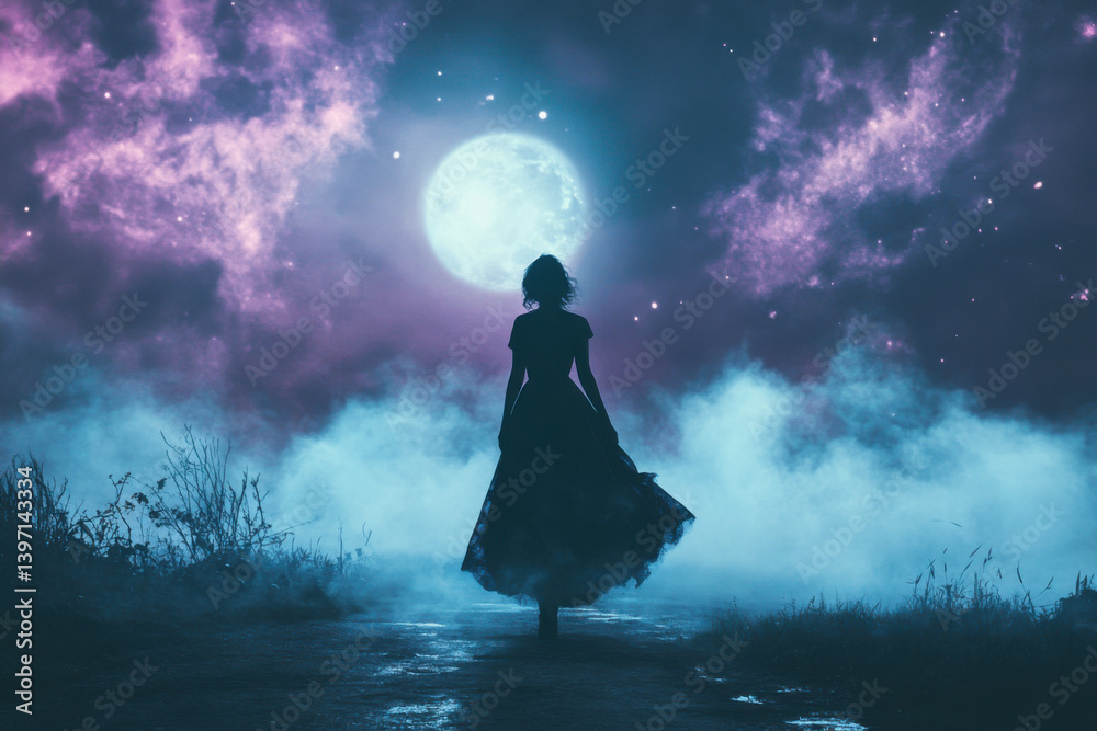 Young woman walks alone at night under a large moon in a mystical forest filled with fog and stars