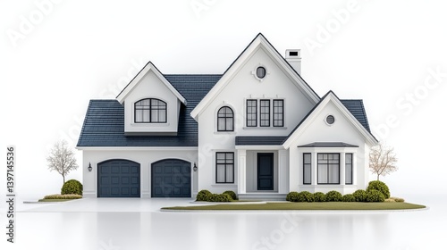 White Two Story House with Gray Roof and Garage