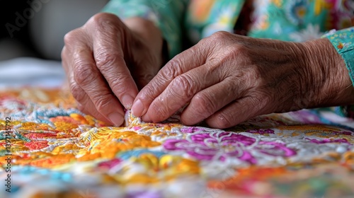 A close-up of hands crafting traditional textiles with intricate patterns ,