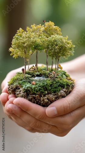 Tiny island with trees, water, held in human hands, blurred background