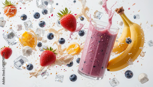 A high-energy smoothie drink with fruits and ice flying around in a dynamic photographic presentation.