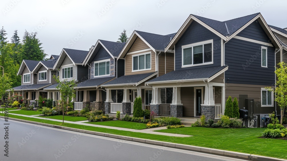 Row of modern houses on a quiet street. Neutral color palette with gray, brown, and blue siding. Row of modern houses on a quiet street. Neutral color palette with gray, brown, and blue siding.
