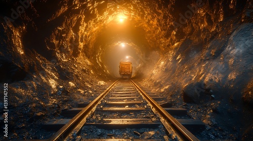 Golden Treasure Deep Cave Mining Cart Underground Wealth Glow Adventure Photo