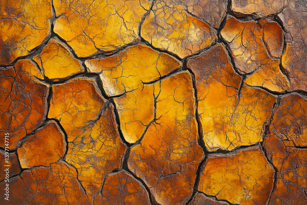 Cracked arid earth surface with golden and brown color variations Cracked arid earth surface with golden and brown color variations