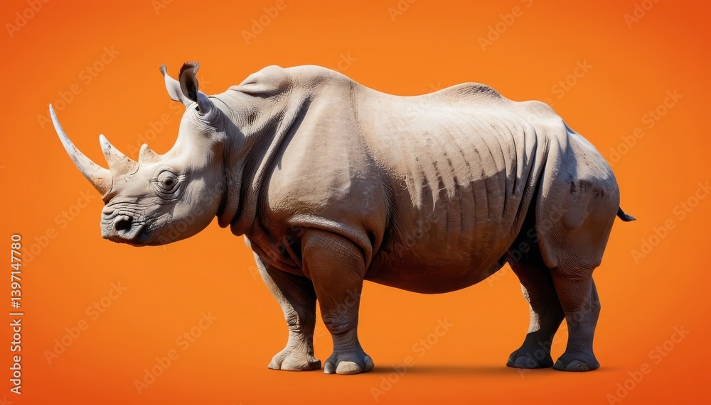 Obraz premium Majestic Rhino's Portrait: A solitary rhinoceros stands in profile, a testament to the untamed beauty of the African plains, with its horn prominently displayed against a fiery orange backdrop.