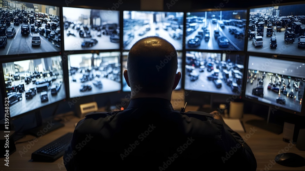 Security Guard Observing Multiple Monitors at His Desk Security Guard Observing Multiple Monitors at His Desk