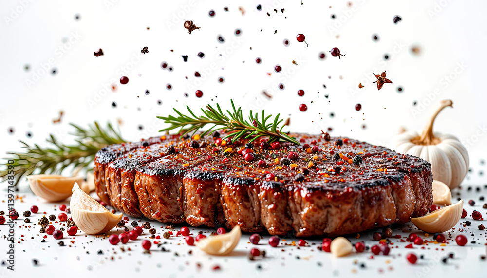 A perfectly seasoned and cooked steak, garnished with fresh rosemary and scattered with various spices. A perfectly seasoned and cooked steak, garnished with fresh rosemary and scattered with various spices.