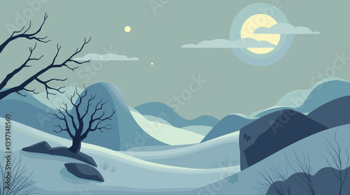Modern flat design illustration of a serene winter landscape with moonlight