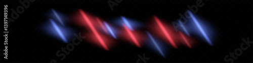 Pulse light. Repeating zigzag beams in red and blue. Blurred glow, fast digital signal, scattered luminous rhythm on dark.