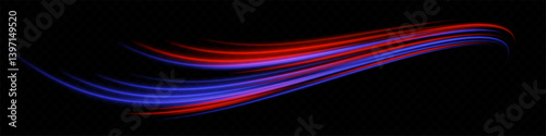 Smooth beam. Red and blue light trails bending upward. Energy flow, speed effect, digital shape, futuristic glow design.