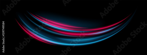 Neon motion. Glowing red and cyan curved trails on black. Smooth flow, energy pulse, futuristic wave, dynamic speed, abstract swirl.