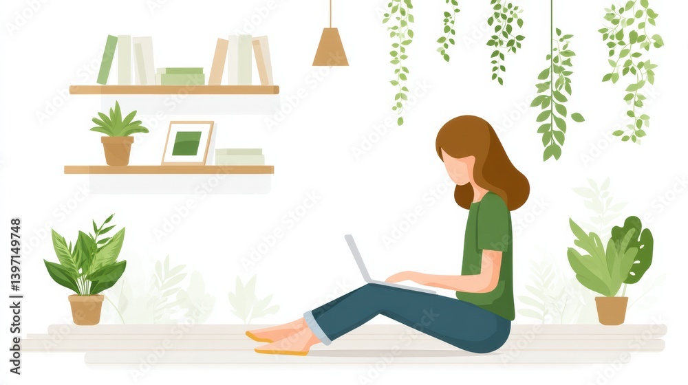 Fototapeta premium A woman sits on the floor with a laptop, surrounded by potted plants and shelves, creating a cozy, green workspace in a serene environment.