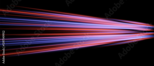 Laser direction. Parallel light streaks in red and violet shades. Speed, power, futuristic beam, rapid stream effect.
