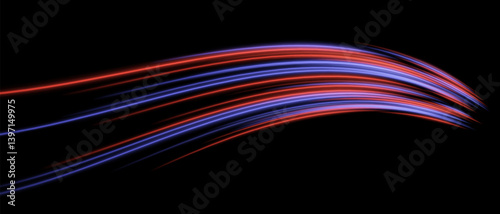 Dynamic arc. Multiple red and blue trails form layered semicircle. Neon glow, energetic stream, smooth digital motion.